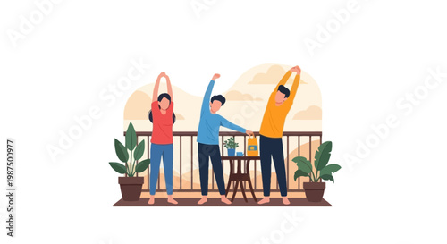 Group of People Stretching Outdoors on Balcony with Plants