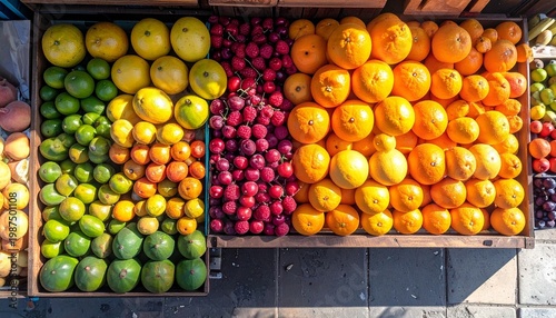 Vibrant fresh fruits display in market with colorful gradient arrangement top view