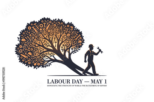 A silhouette of a man walking with a bird alongside a tree formed from text celebrating labour day