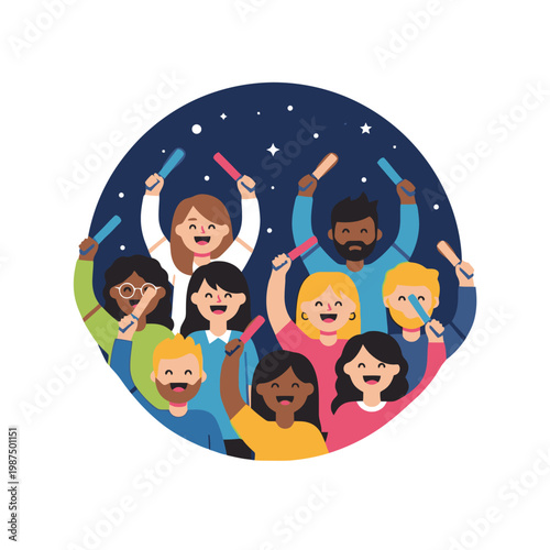 Diverse group of people celebrating with sparklers under starry night sky