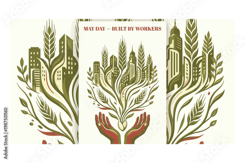 Vintage agricultural poster a flourishing wheat field held by caring hands promoting harvest and growth