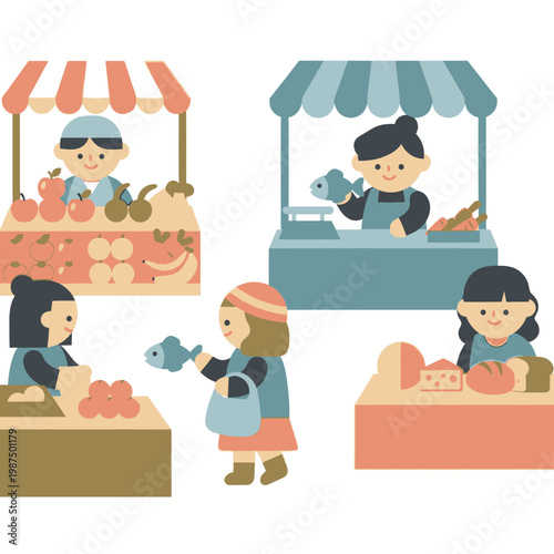 People shopping at a colorful outdoor market with fresh produce and fish stalls