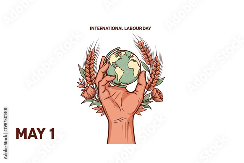 A vibrant illustration depicts a hand cradling the earth amidst lush floral arrangements symbolizing environmental care and may day