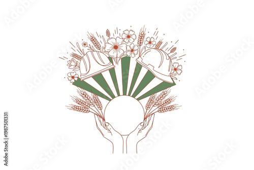 Elegant watercolor floral fan illustration a delicate bouquet with green stripes and white accents