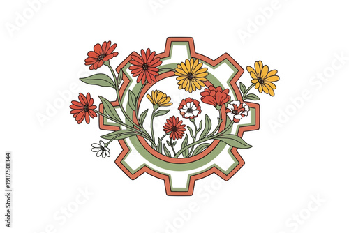 A vibrant watercolor painting depicts flowers blossoming within a complex gear shaped frame creating a unique floral design