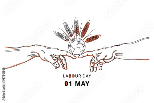 Labor day illustration hands holding a symbolic representation with festive text and date