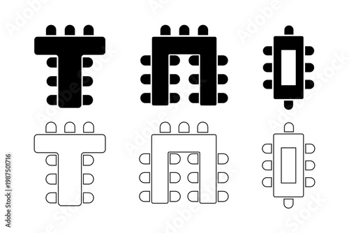 Seats arrangement on banquet event in restaurant or cafe. Business office or cabinet seating interior plan. Conference or meeting schematic tables and chairs icons set. Vector graphic illustration
