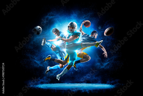 A joyful collage of several sports. Multi-sport collage depicting various sports and hobbies. Isolated on a black. Athletes on a beautiful black background with a flash of light behind them.