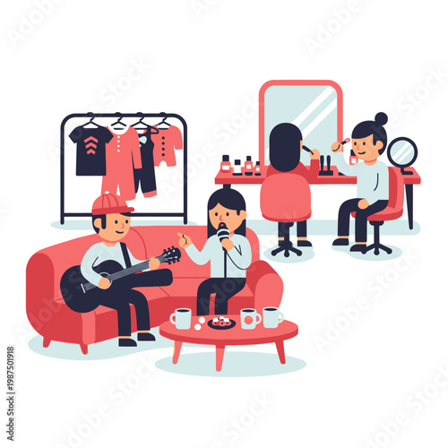 Musicians rehearsal: Singer and guitarist on sofa, makeup artist backstage preparing performer