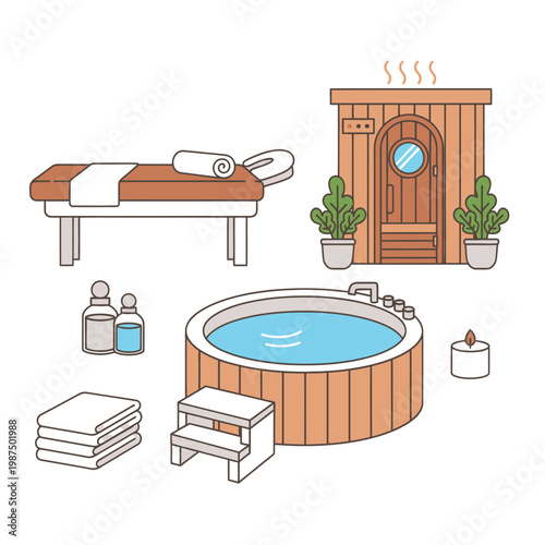 Spa and Wellness Scene: Hot Tub, Sauna, Massage Table, Towels, Oils, Candle