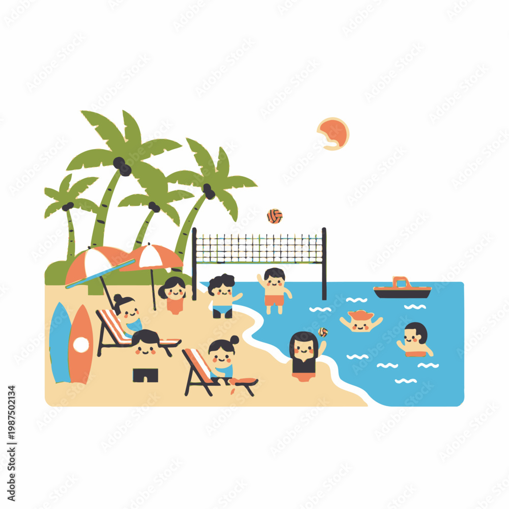Fototapeta premium Summer Beach Vacation Fun: People Relaxing, Swimming, and Playing Volleyball