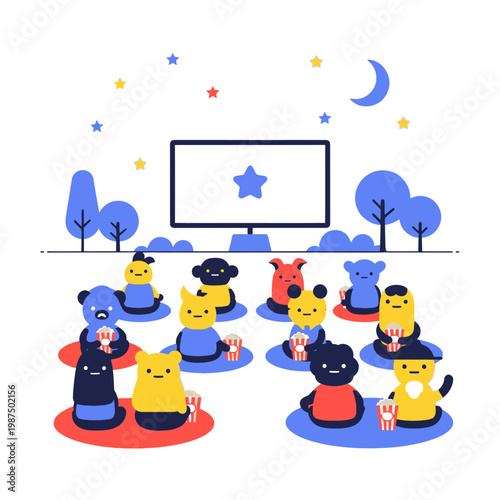 Cute cartoon characters watching movie at outdoor cinema under starry night sky.