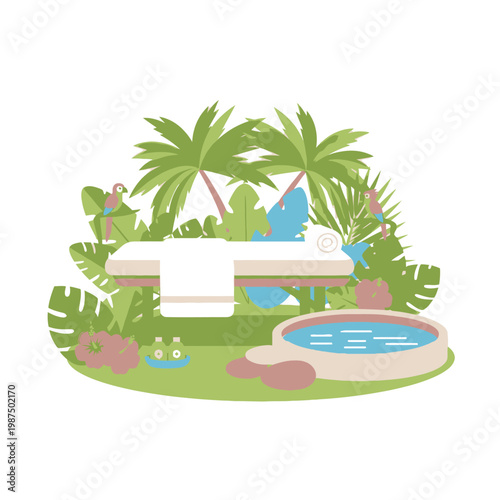 Tropical Spa Retreat: Massage Table, Hot Tub, and Parrots in Lush Jungle Scenery