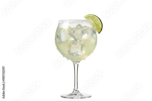 gin margarita cocktail with salt rim and lime in a balloon glass on transparent background