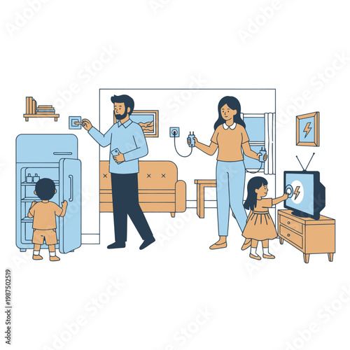 Family saving energy at home, turning off lights and unplugging devices