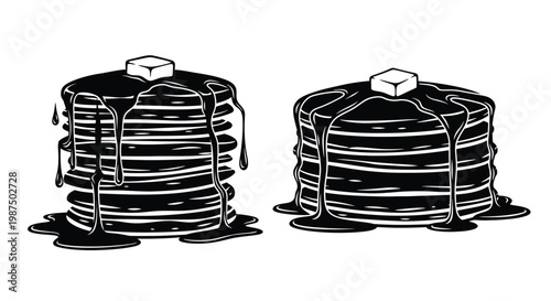 A striking black and white illustration depicts two stacks of pancakes generously drizzled with syrup a delicious breakfast option silhouette high quality