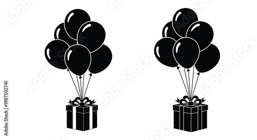 Two gift boxes are adorned with clusters of round balloons creating a celebratory aesthetic in a black silhouette high quality professional detailed modern