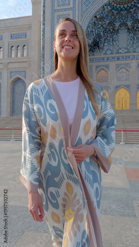 Young Woman Walking in Old City Street of Tashkent Uzbekistan