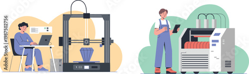 3D printing technology and industrial production set featuring engineer machine filament manufacturing innovation flat design illustration collection modern industry concept