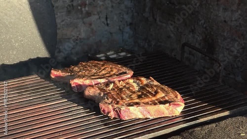 Steak seared on a wire rack in the fresh air