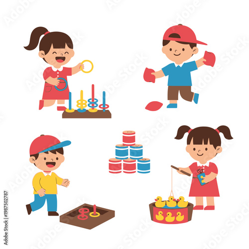 Photography Happy children playing carnival games, ring toss, duck pond, bean bag toss