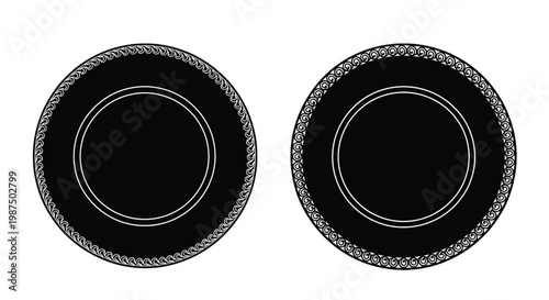 Two circular decorative plates are presented in a stark black and white composition showcasing intricate repeating patterns a silhouette high quality professional detailed modern