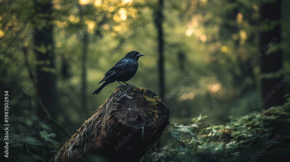 Fototapeta premium Raven perched on forest log, tranquil woodland scene