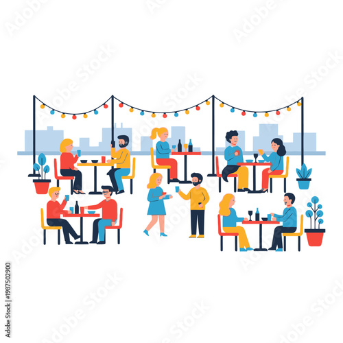 People enjoying drinks and food at an outdoor cafe with city skyline background