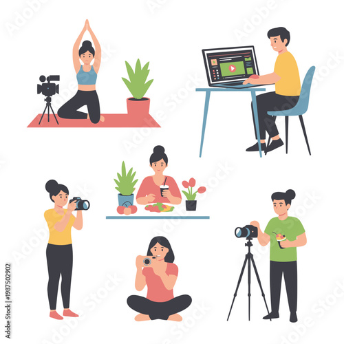 Content creation, lifestyle and hobbies illustration set: yoga, photography, vlogging, eating