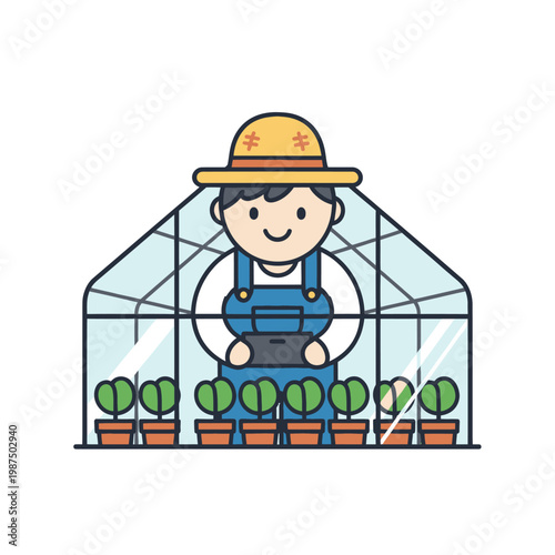 Farmer using tablet in greenhouse with plants, agriculture technology concept