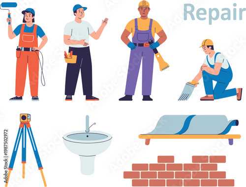 Construction and repair workers set with tools equipment renovation plumbing masonry painting flat design handyman service illustration collection
