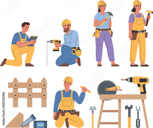 Construction workers and carpentry tools set featuring builders drilling cutting repairing woodworking flat design handyman industry illustration collection