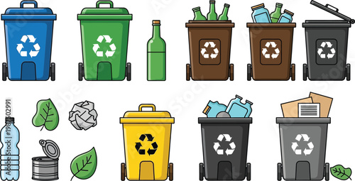 A collection of colorful recycling bins and various waste materials shown on a white background set.