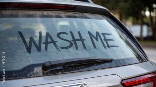 Dirty rear window of a car with the word wash me written in the thick dust