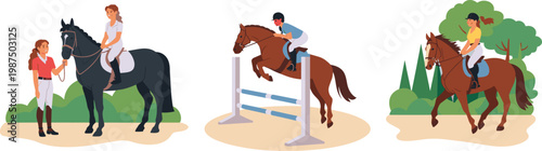Equestrian activities illustration, horse riding training, jumping competition, female riders, outdoor sport lifestyle, stable care, nature background, equine concept