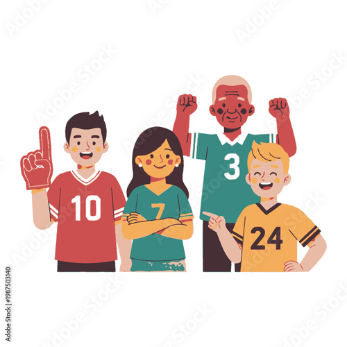 Diverse group of happy sports fans celebrating victory, generational cheering