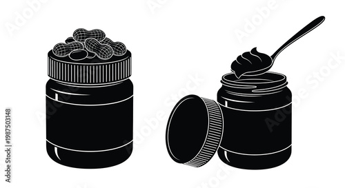 A striking black and white illustration depicts two open jars one filled with peanuts and the other with peanut butter silhouette high quality professional detailed