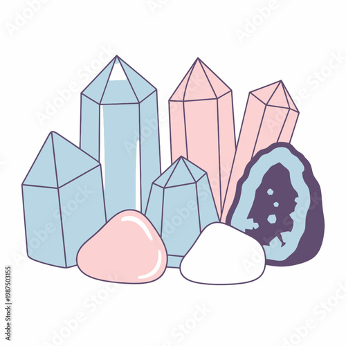 Assortment of Pastel Crystals and Geode Slice - Healing Stones Illustration