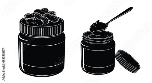 A striking black and white illustration depicts peanut butter in two jars one open with a spoon presented as a silhouette high quality professional detailed