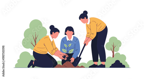 Family Gardening Tripod Young Adults Engaged in Planting Outdoors