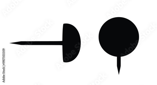 A minimalist depiction of two black push pins one shown with its pin exposed presented as a stark silhouette high quality professional detailed