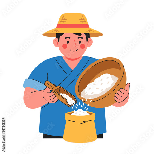Farmer pouring rice from bowl into sack, agricultural work, harvest season, flat illustration