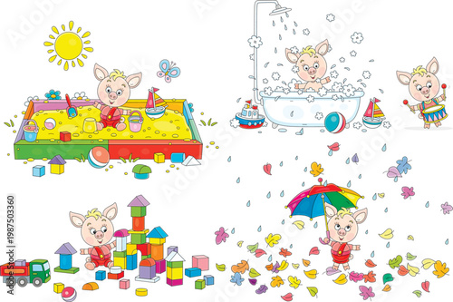 Little piglet playing in a sandbox, romping with baby cubes, bathing and splashing, drumming, walking with an umbrella among falling autumn leaves in the rain, a set of vector cliparts