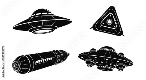 A collection of four distinct unidentified flying objects are displayed in a stark black and white composition a striking silhouette high quality professional