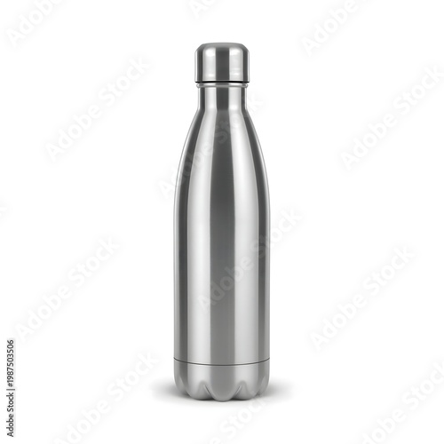 A sleek silver metal water bottle with a screw-on cap stands alone on a plain white background, perfect for eco-friendly hydration