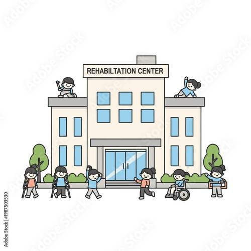 Rehabilitation Center Building with Diverse People Recovering and Exercising