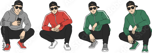 Vector illustration of squatting figures in streetwear outfits with caps, sunglasses, and sneakers