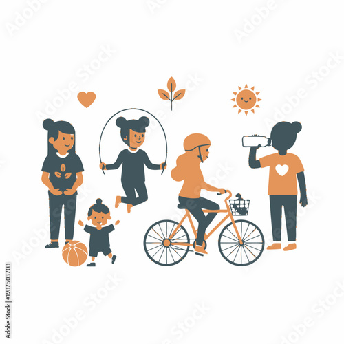 Diverse people enjoying healthy outdoor activities like cycling, jumping rope, playing basketball, and drinking water.