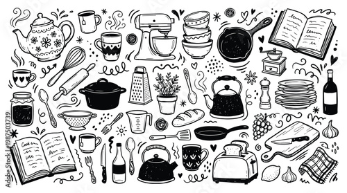 A doodle illustration of various kitchen utensils and food items on a table indoors