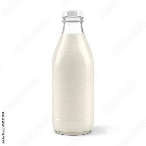 A glass bottle of milk on a plain white background